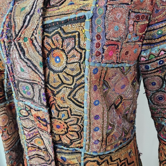 Vintage Unique Colorful Patchwork Jacket Intricate Embroidery Mandarin Collar - Picture 3 of 12